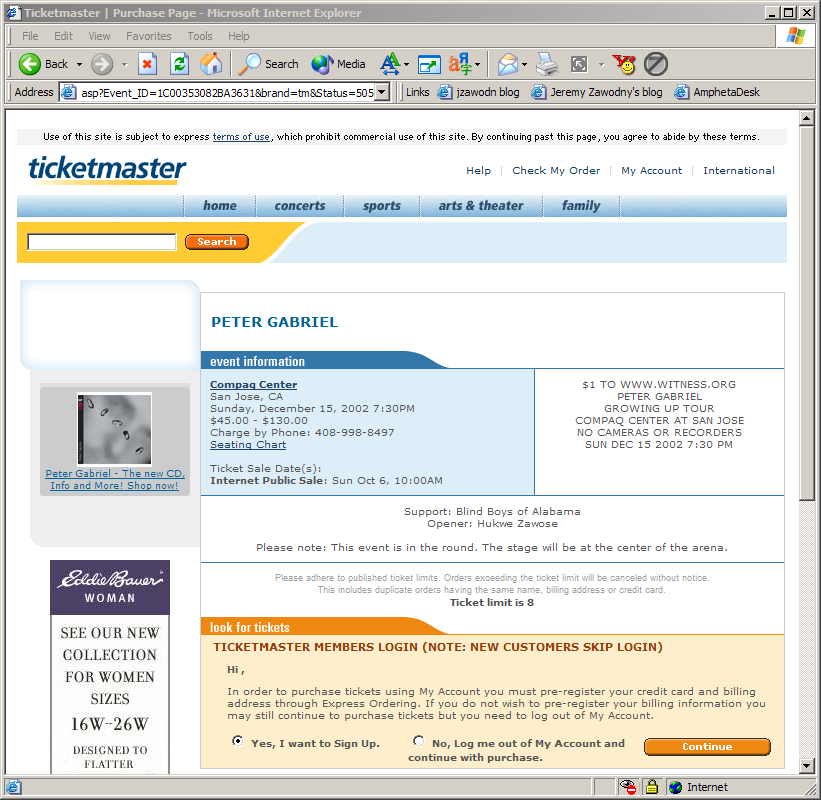 TICKETMASTER.com is broken (by Jeremy Zawodny)