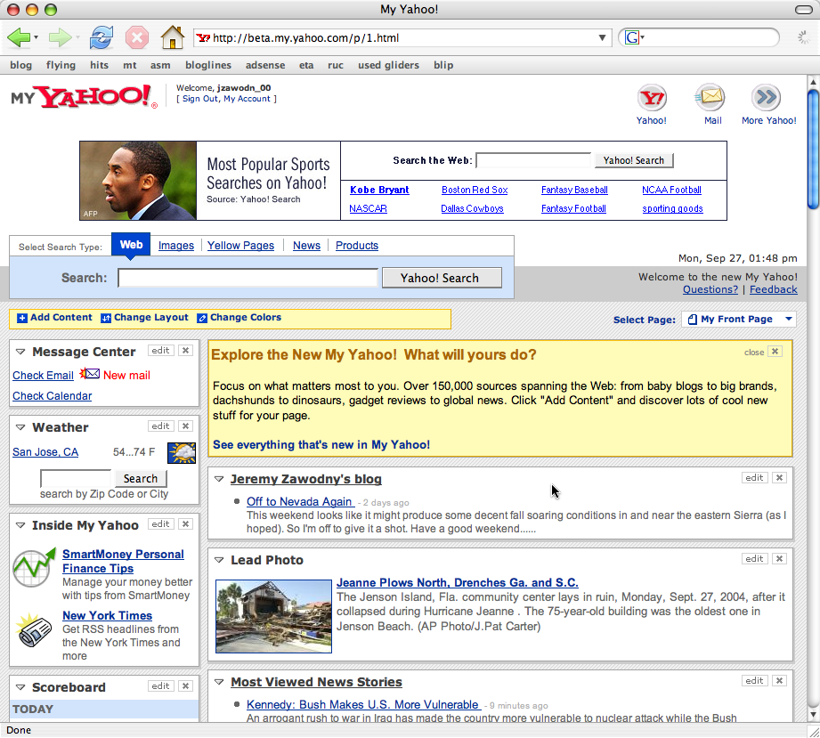 New My Yahoo Beta, Featuring RSS and Atom (by Jeremy Zawodny)